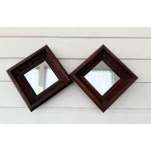 Vintage 70's Pair Shadow Box Style Carved Wood Square Wall Mirrors 8x8"